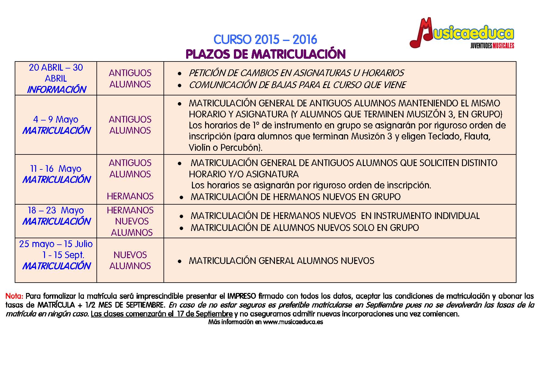 PLAZOS MATRICULAS 2015-2016